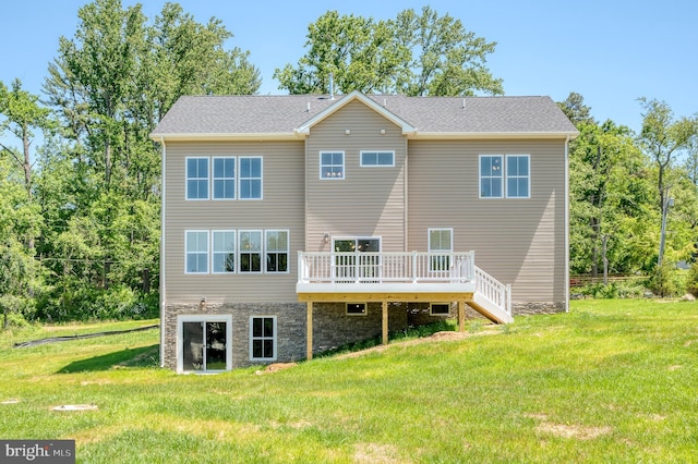 1311 Corbett Rd, Monkton, MD 21111 - rear view of house featuring a wooden deck, a lawn, stairway, and stone siding