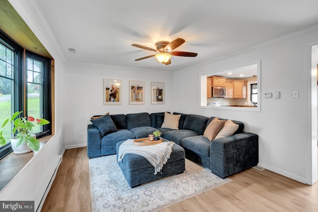 2333 Sunset Cir, Glenville, PA 17329 - living area featuring baseboard heating, ornamental molding, light wood finished floors, and ceiling fan