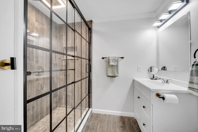 2333 Sunset Cir, Glenville, PA 17329 - full bath featuring vanity, a tile shower, crown molding, and wood finished floors