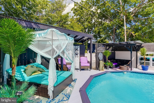 7723 Meath Rd, Baltimore, MD 21222 - swimming pool featuring a pergola, a wooden deck, and outdoor lounge area