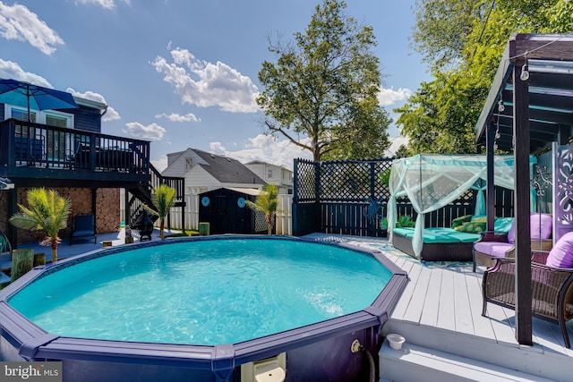 7723 Meath Rd, Baltimore, MD 21222 - outdoor pool with a deck, an outdoor living space, and stairway