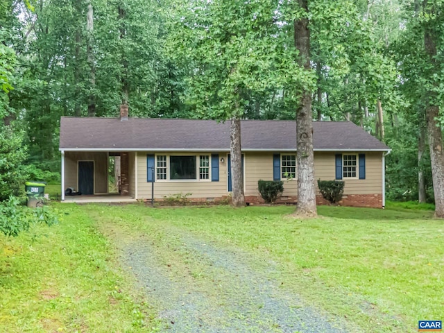 5553 Brookwood Rd, Crozet, VA 22932 - ranch-style house featuring driveway, a front lawn, crawl space, a carport, and a chimney