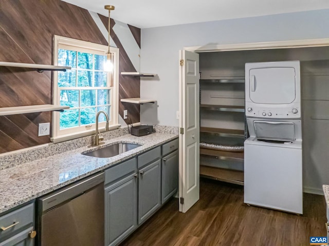 5553 Brookwood Rd, Crozet, VA 22932 - kitchen featuring dishwasher, gray cabinets, stacked washer / drying machine, and open shelves