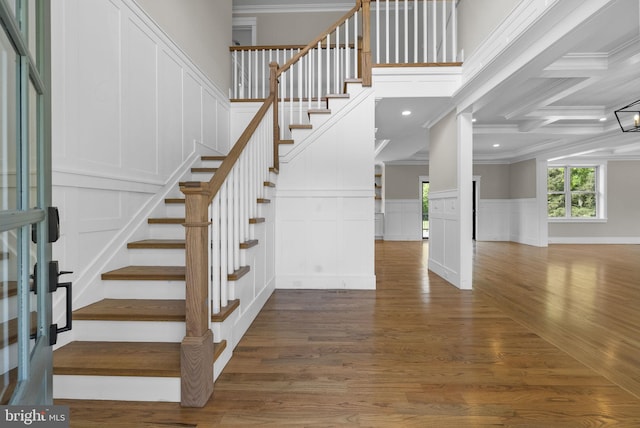 387 Gallup Rd, Princeton, NJ 08540 - staircase featuring ornamental molding, a decorative wall, wood finished floors, recessed lighting, and coffered ceiling