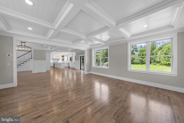 387 Gallup Rd, Princeton, NJ 08540 - unfurnished living room featuring a chandelier, stairway, coffered ceiling, light wood finished floors, and recessed lighting