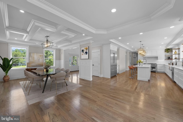 387 Gallup Rd, Princeton, NJ 08540 - dining area with a chandelier, light wood-style flooring, recessed lighting, crown molding, and coffered ceiling