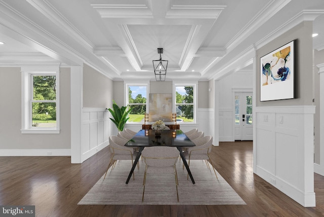387 Gallup Rd, Princeton, NJ 08540 - dining space with a decorative wall, coffered ceiling, dark wood finished floors, beamed ceiling, and crown molding