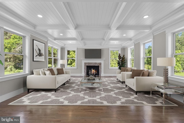 387 Gallup Rd, Princeton, NJ 08540 - living area with recessed lighting, a fireplace with flush hearth, beam ceiling, coffered ceiling, and crown molding