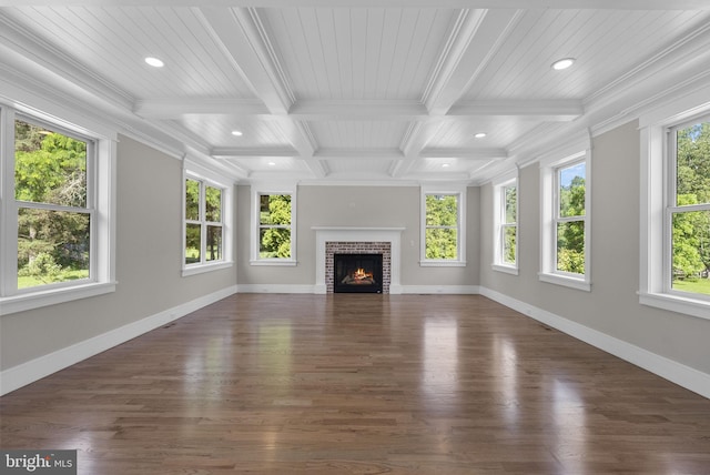 387 Gallup Rd, Princeton, NJ 08540 - unfurnished living room featuring recessed lighting, wood finished floors, beamed ceiling, ornamental molding, and a lit fireplace