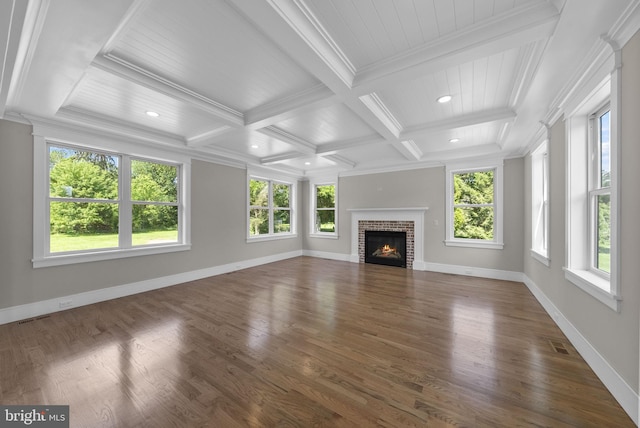 387 Gallup Rd, Princeton, NJ 08540 - unfurnished living room with beam ceiling, wood finished floors, ornamental molding, recessed lighting, and a brick fireplace