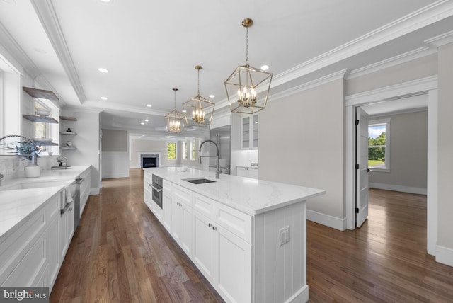 387 Gallup Rd, Princeton, NJ 08540 - kitchen featuring open shelves, a chandelier, recessed lighting, white cabinetry, and dark wood-type flooring