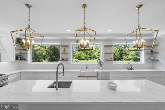 387 Gallup Rd, Princeton, NJ 08540 - kitchen with a chandelier, open shelves, white cabinets, decorative backsplash, and healthy amount of natural light