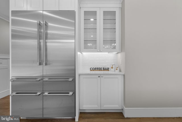 387 Gallup Rd, Princeton, NJ 08540 - kitchen with stainless steel built in refrigerator, white cabinetry, glass insert cabinets, dark wood-style floors, and light countertops