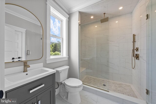 387 Gallup Rd, Princeton, NJ 08540 - full bathroom featuring marble finish flooring, ornamental molding, vanity, a shower stall, and recessed lighting