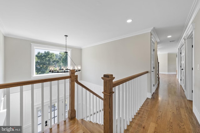 387 Gallup Rd, Princeton, NJ 08540 - hall featuring a chandelier, an upstairs landing, light wood-type flooring, recessed lighting, and ornamental molding