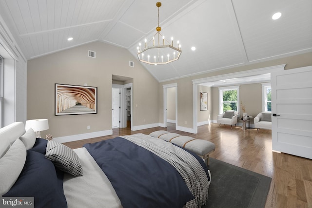 387 Gallup Rd, Princeton, NJ 08540 - bedroom featuring wood finished floors, vaulted ceiling, a chandelier, and recessed lighting