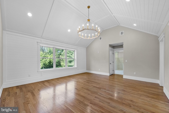 387 Gallup Rd, Princeton, NJ 08540 - unfurnished living room featuring wood finished floors, vaulted ceiling, a chandelier, and recessed lighting