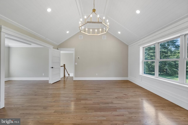 387 Gallup Rd, Princeton, NJ 08540 - unfurnished living room with a chandelier, lofted ceiling, light wood finished floors, and recessed lighting