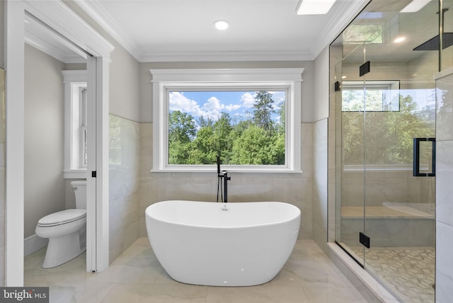 387 Gallup Rd, Princeton, NJ 08540 - bathroom with a soaking tub, a stall shower, tile walls, crown molding, and marble finish flooring