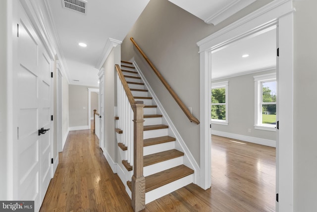 387 Gallup Rd, Princeton, NJ 08540 - staircase featuring ornamental molding, wood finished floors, and recessed lighting