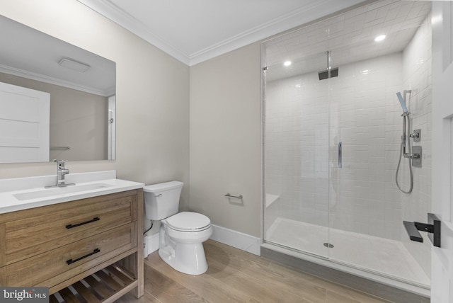 387 Gallup Rd, Princeton, NJ 08540 - bathroom with vanity, a stall shower, wood finished floors, crown molding, and recessed lighting