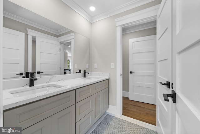 387 Gallup Rd, Princeton, NJ 08540 - full bath with double vanity, crown molding, tile patterned floors, and recessed lighting