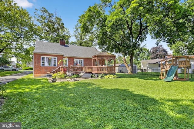 15 Overlook Ave, Lancaster, PA 17601 - rear view of house with a gazebo, a playground, brick siding, a chimney, and a deck