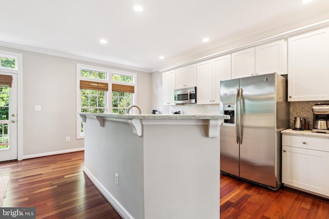 6706 Debra Lu Way, Springfield, VA 22150 - kitchen with stainless steel appliances, backsplash, recessed lighting, dark wood-style flooring, and crown molding