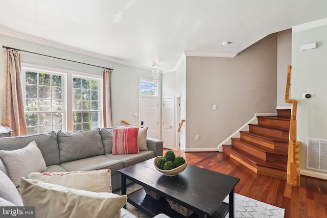 6706 Debra Lu Way, Springfield, VA 22150 - living room with crown molding, wood finished floors, and stairway