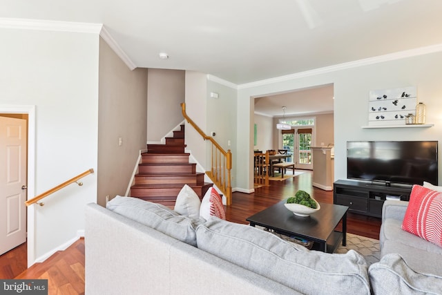 6706 Debra Lu Way, Springfield, VA 22150 - living room featuring ornamental molding, wood finished floors, and stairs