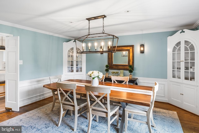 1263 Argyle Rd, Berwyn, PA 19312 - dining room with a chandelier, crown molding, wood finished floors, and wainscoting