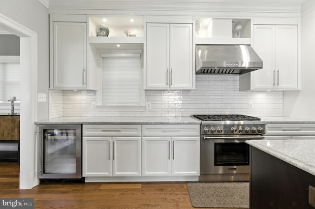 6838 Saint Albans Rd, Mclean, VA 22101 - kitchen with wine cooler, high end stainless steel range oven, wall chimney exhaust hood, and open shelves