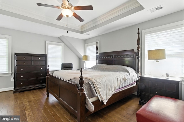 6838 Saint Albans Rd, Mclean, VA 22101 - bedroom featuring ornamental molding, hardwood / wood-style flooring, a tray ceiling, and ceiling fan