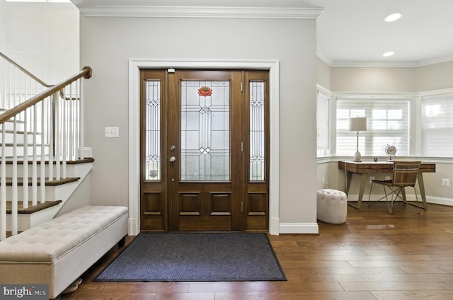 6838 Saint Albans Rd, Mclean, VA 22101 - entryway featuring ornamental molding, wood finished floors, stairway, and recessed lighting