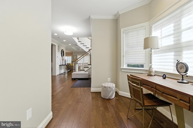 6838 Saint Albans Rd, Mclean, VA 22101 - office featuring crown molding, dark wood-type flooring, healthy amount of natural light, and recessed lighting