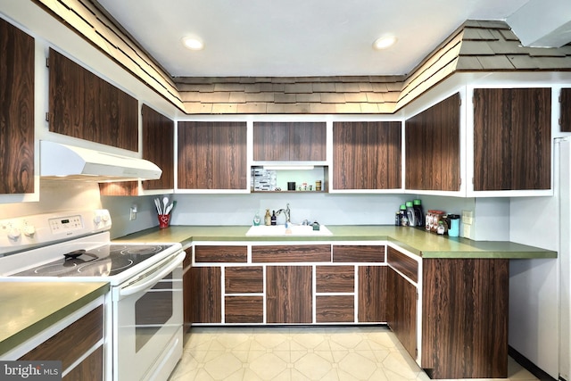 545 W King St, Littlestown, PA 17340 - kitchen with white electric range oven, under cabinet range hood, dark brown cabinetry, recessed lighting, and light countertops