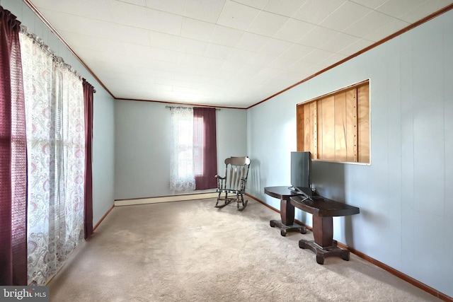 545 W King St, Littlestown, PA 17340 - sitting room featuring ornamental molding, a baseboard heating unit, and carpet flooring