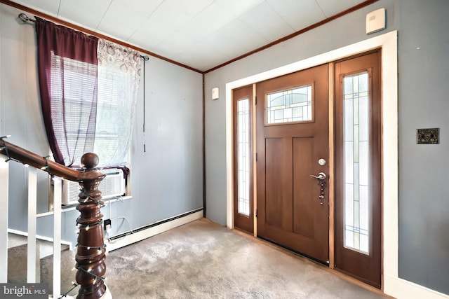 545 W King St, Littlestown, PA 17340 - carpeted entrance foyer featuring crown molding, a baseboard radiator, and stairs