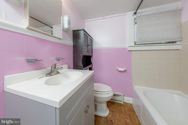 124 E Ormond Ave, Haddon Township, NJ 08107 - full bathroom with tile walls, a baseboard heating unit, vanity, and a bathtub