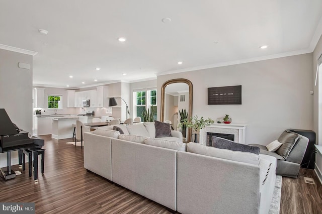 113 Treblis Way, Annapolis, MD 21403 - living area featuring crown molding, recessed lighting, dark wood-type flooring, and a fireplace