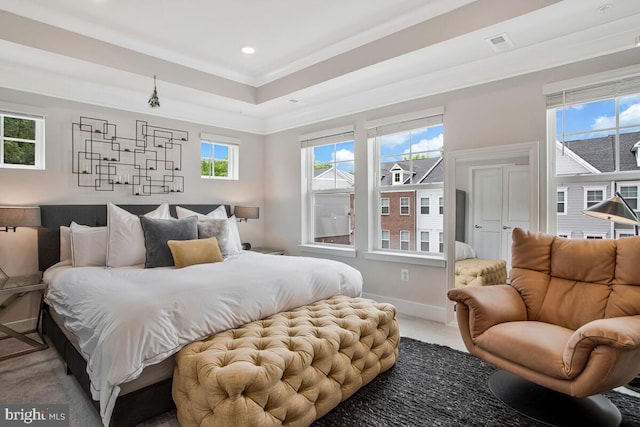 113 Treblis Way, Annapolis, MD 21403 - bedroom with ornamental molding, light colored carpet, recessed lighting, and a tray ceiling