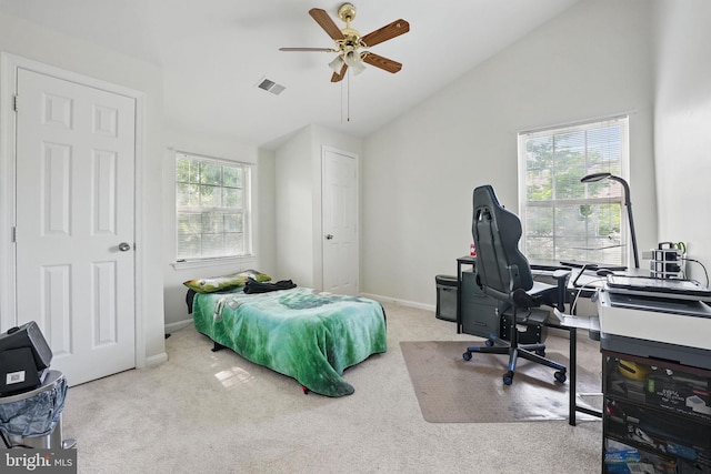 13297 Osage Dr, Woodbridge, VA 22193 - bedroom with vaulted ceiling, carpet, an office area, and a ceiling fan