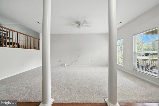 13297 Osage Dr, Woodbridge, VA 22193 - unfurnished living room featuring ceiling fan, carpet flooring, ornate columns, and lofted ceiling
