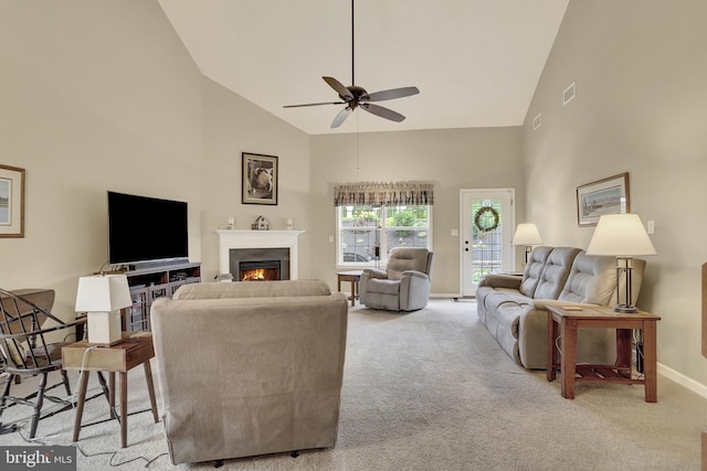 1283 Yarmouth Ln, New Cumberland, PA 17070 - living area with carpet, high vaulted ceiling, a ceiling fan, and a lit fireplace