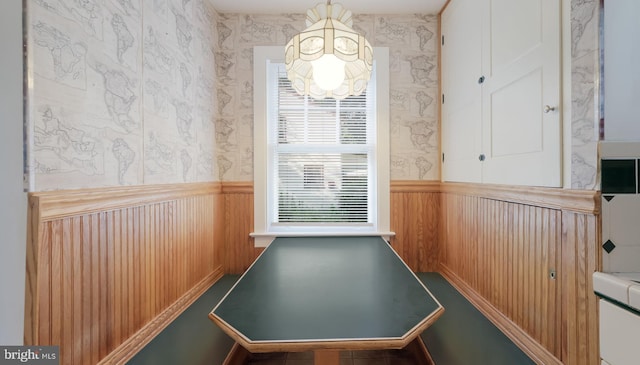1081 Wynnwood Rd, Abington, PA 19001 - playroom featuring a wainscoted wall, a chandelier, and wallpapered walls