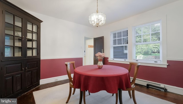 1081 Wynnwood Rd, Abington, PA 19001 - dining area featuring a chandelier, wood finished floors, and baseboard heating