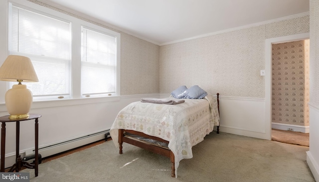 1081 Wynnwood Rd, Abington, PA 19001 - bedroom with ornamental molding, multiple windows, a baseboard heating unit, wallpapered walls, and carpet