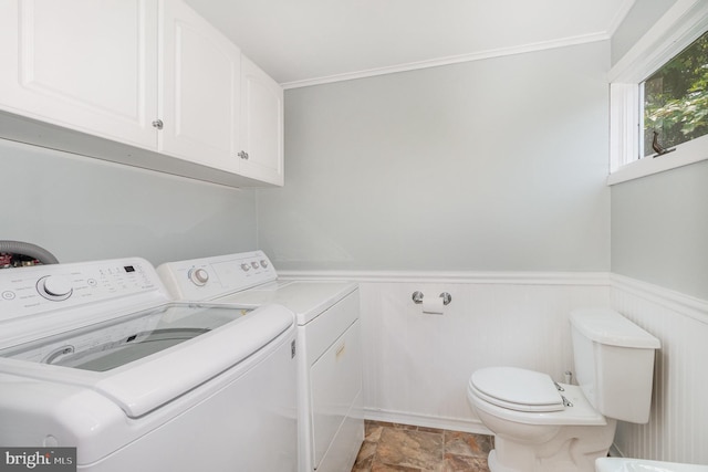 114 Brookside Ave, Hershey, PA 17033 - laundry room featuring separate washer and dryer, wainscoting, light stone finish floors, and ornamental molding