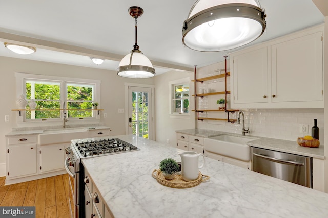 1012 Grant St, Herndon, VA 20170 - kitchen featuring stainless steel appliances, light wood finished floors, tasteful backsplash, light stone counters, and white cabinets