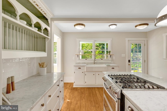 1012 Grant St, Herndon, VA 20170 - kitchen featuring stainless steel gas range, light wood-style floors, healthy amount of natural light, and white cabinets